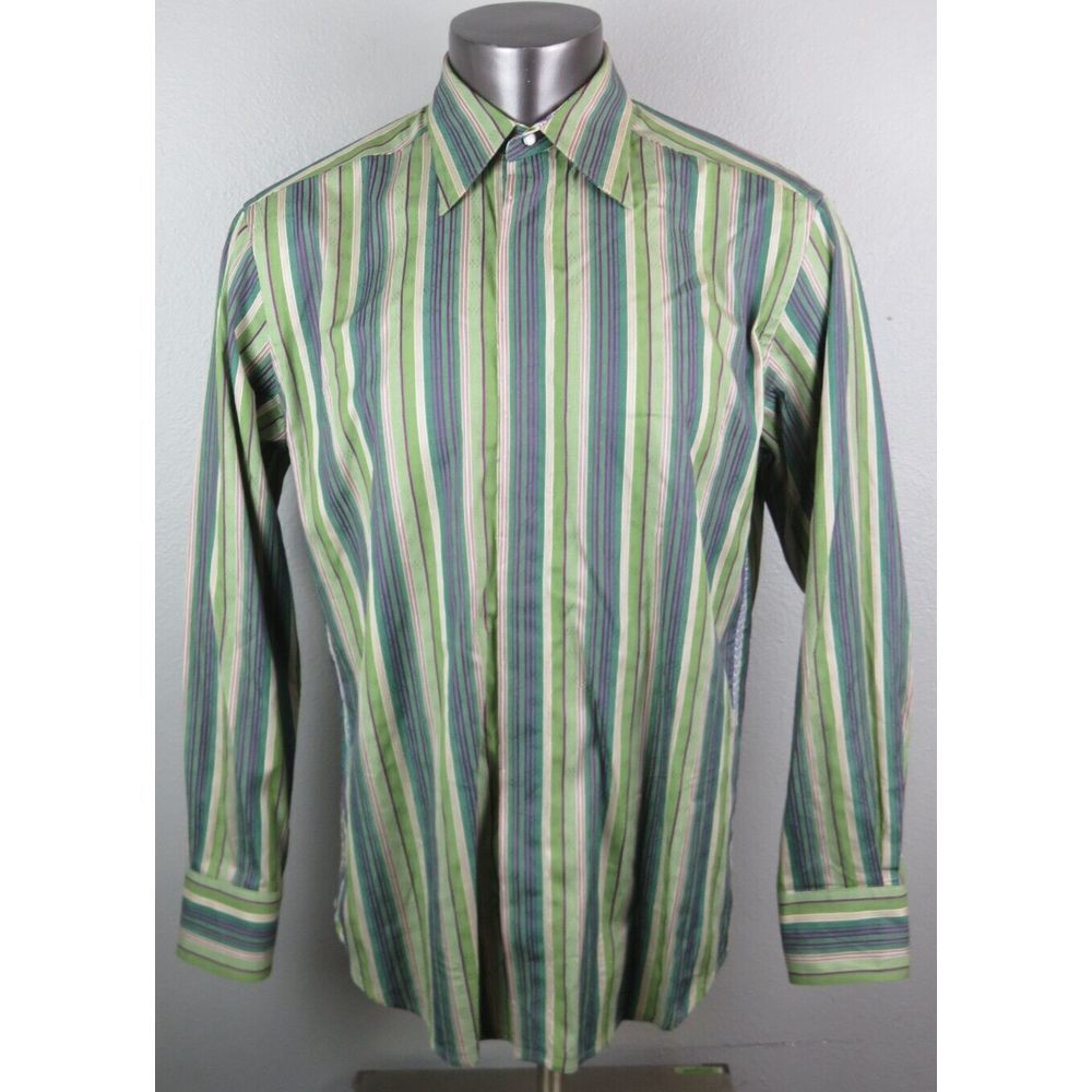 Mens Robert Graham Shirt Long Sleeve Button Front Size L Cotton Silk Green Flip